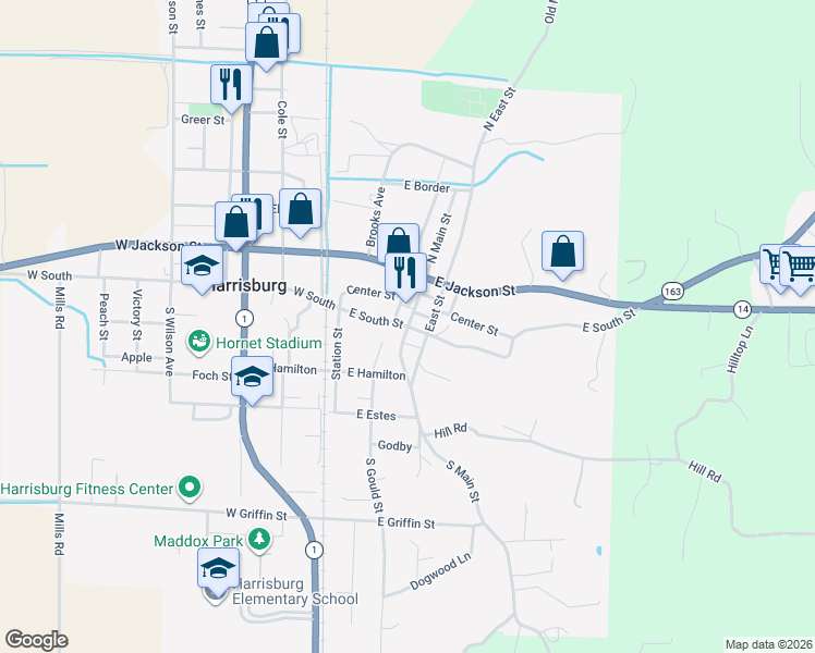 map of restaurants, bars, coffee shops, grocery stores, and more near Co Road 401 in Harrisburg