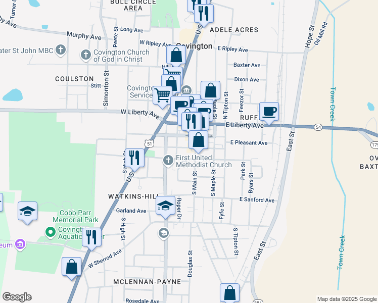 map of restaurants, bars, coffee shops, grocery stores, and more near 118 West Church Avenue in Covington