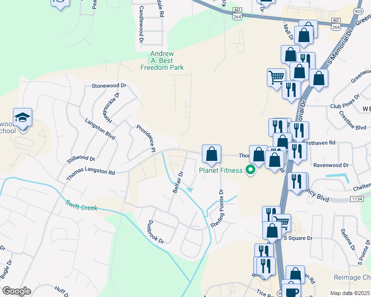 map of restaurants, bars, coffee shops, grocery stores, and more near 3505 Sedge Drive in Greenville