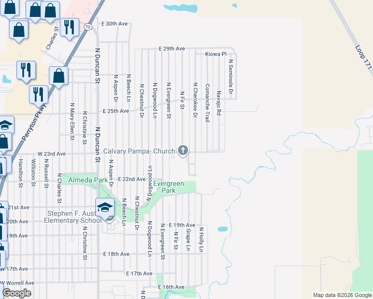 map of restaurants, bars, coffee shops, grocery stores, and more near 899 East 23rd Avenue in Pampa