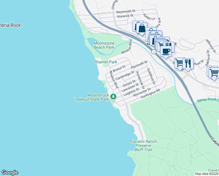 map of restaurants, bars, coffee shops, grocery stores, and more near 5249 Nottingham Drive in Cambria