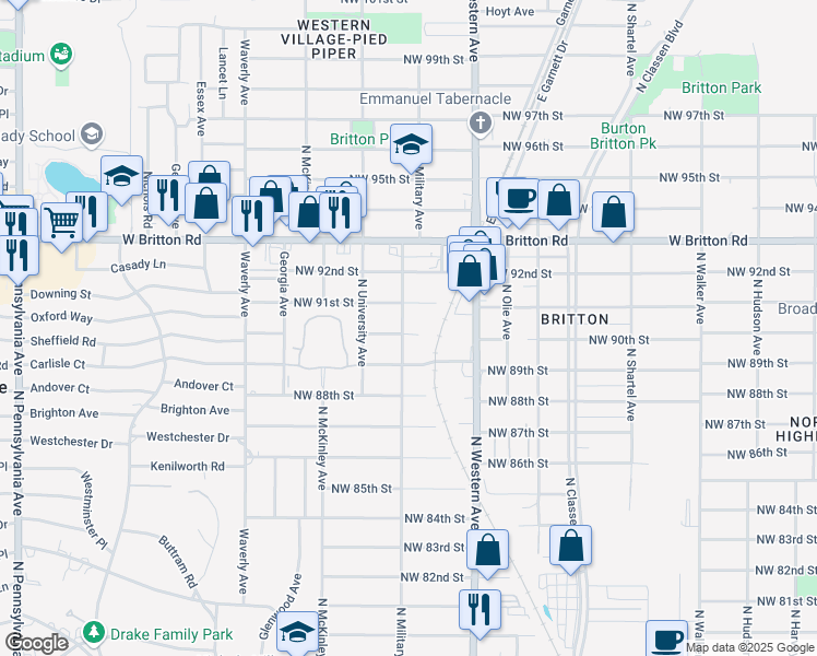 map of restaurants, bars, coffee shops, grocery stores, and more near 9100 North Military Avenue in Oklahoma City