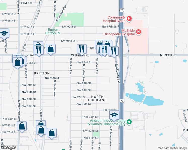 map of restaurants, bars, coffee shops, grocery stores, and more near 300 Northwest 91st Street in Oklahoma City