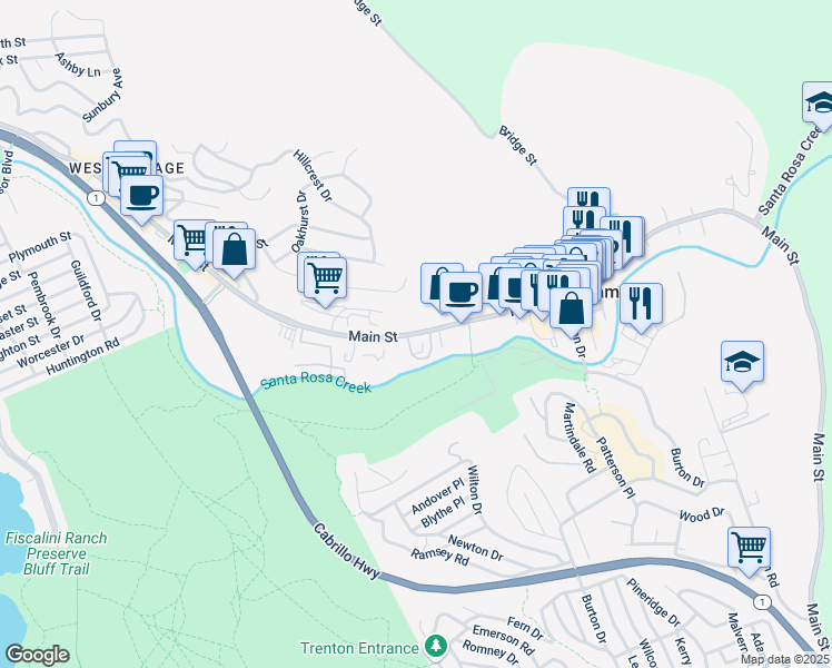 map of restaurants, bars, coffee shops, grocery stores, and more near Main Street in San Luis Obispo County