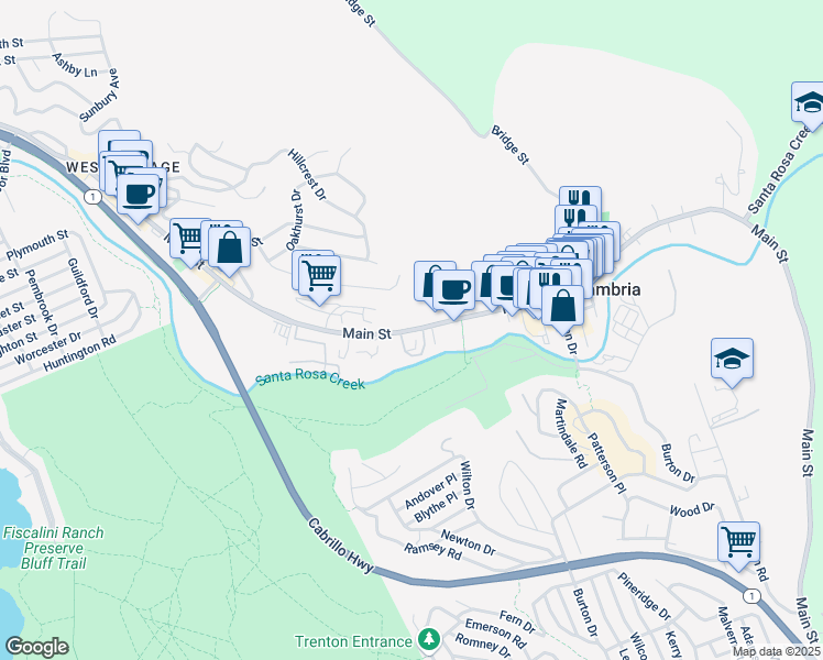 map of restaurants, bars, coffee shops, grocery stores, and more near Main Street in San Luis Obispo County