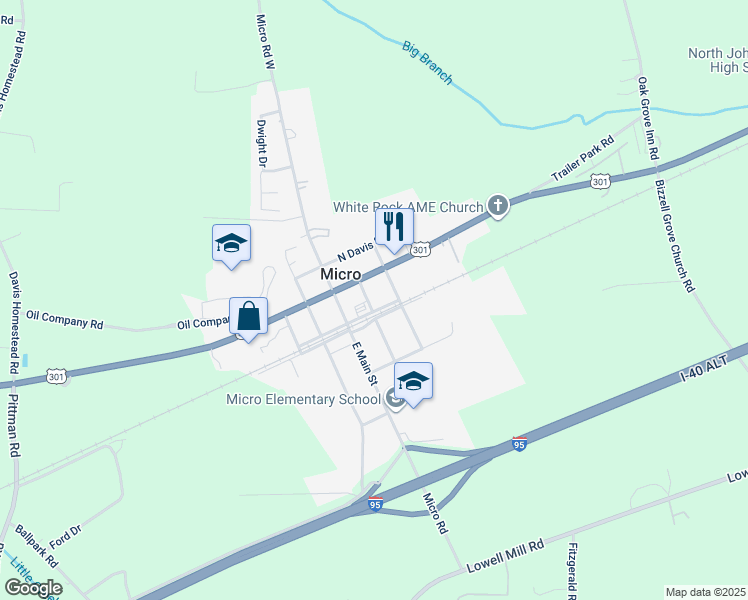 map of restaurants, bars, coffee shops, grocery stores, and more near 102 West Goldsboro Street in Micro
