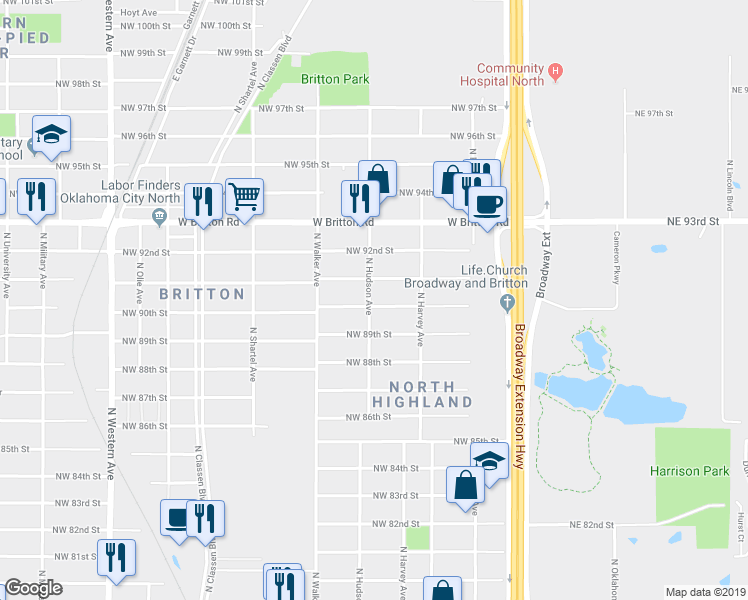 map of restaurants, bars, coffee shops, grocery stores, and more near 9104 North Hudson Avenue in Oklahoma City