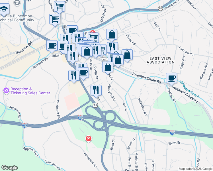 map of restaurants, bars, coffee shops, grocery stores, and more near 30 London Road in Asheville