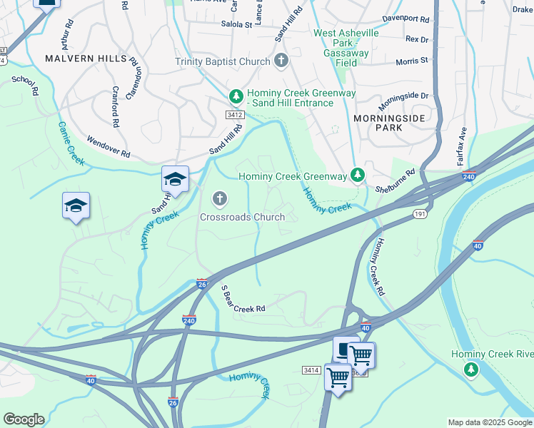 map of restaurants, bars, coffee shops, grocery stores, and more near 113 Hominy Ridge Court in Asheville