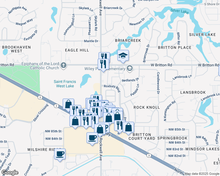 map of restaurants, bars, coffee shops, grocery stores, and more near 800 Roxbury Boulevard in Oklahoma City