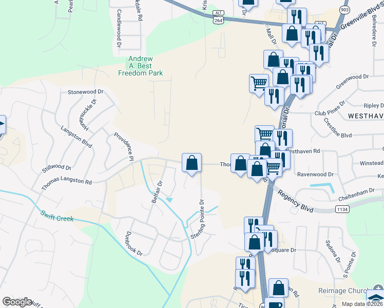 map of restaurants, bars, coffee shops, grocery stores, and more near 1111 Thomas Langston Road in Winterville