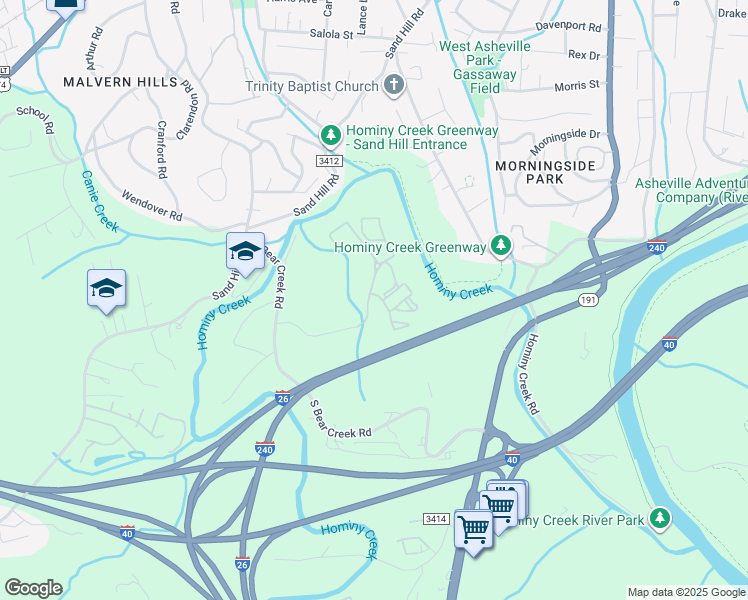 map of restaurants, bars, coffee shops, grocery stores, and more near Hominy Creek Trail in Asheville