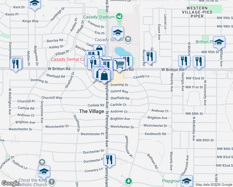 map of restaurants, bars, coffee shops, grocery stores, and more near 1613 Oxford Way in The Village