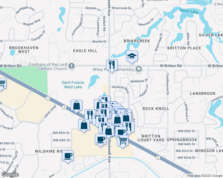 map of restaurants, bars, coffee shops, grocery stores, and more near 9202 North Rockwell Avenue in Oklahoma City