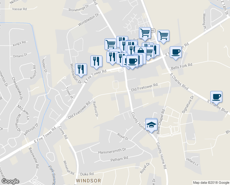 map of restaurants, bars, coffee shops, grocery stores, and more near 1801 Old Firetower Road in Greenville