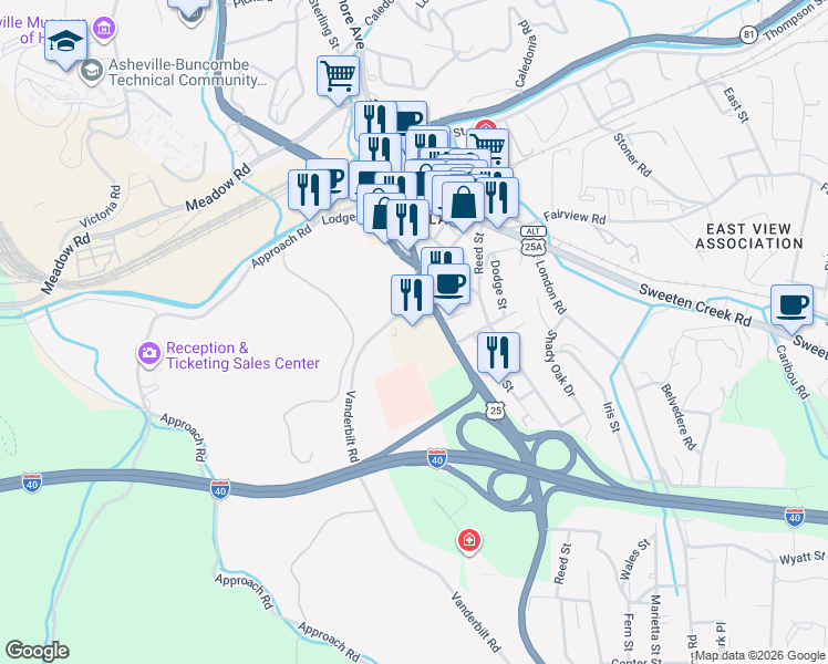 map of restaurants, bars, coffee shops, grocery stores, and more near 115 Hendersonville Road in Asheville