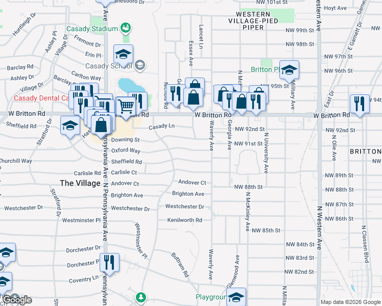 map of restaurants, bars, coffee shops, grocery stores, and more near 1401 Oxford Way in The Village