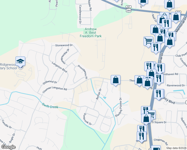 map of restaurants, bars, coffee shops, grocery stores, and more near 1300 Thomas Langston Road in Winterville