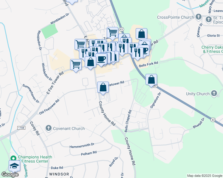 map of restaurants, bars, coffee shops, grocery stores, and more near 2200 Sunbury Way in Greenville