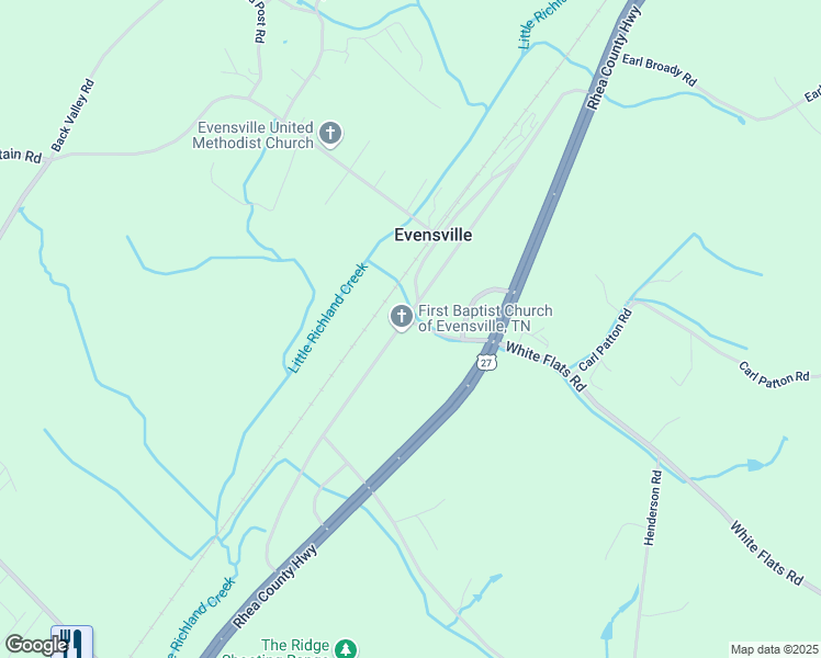 map of restaurants, bars, coffee shops, grocery stores, and more near 100 White Flats Road in Evensville