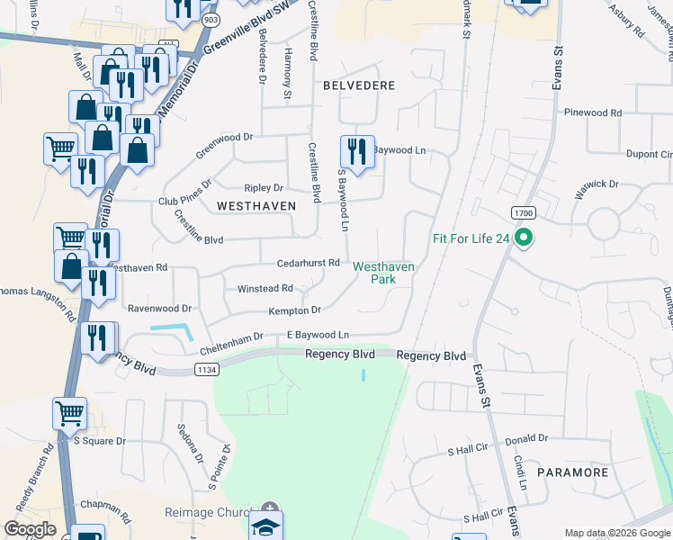 map of restaurants, bars, coffee shops, grocery stores, and more near 211-299 South Baywood Lane in Greenville