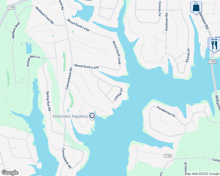 map of restaurants, bars, coffee shops, grocery stores, and more near 158 Crystal Circle in Mooresville