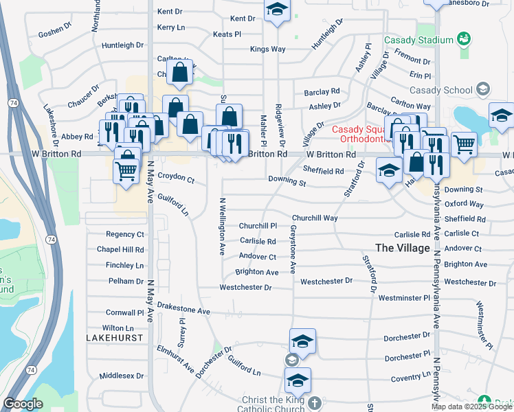 map of restaurants, bars, coffee shops, grocery stores, and more near 2209 Churchill Way in The Village