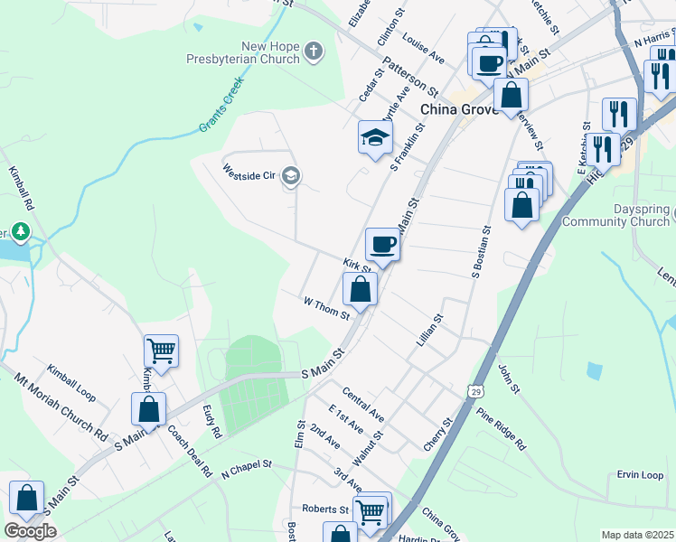 map of restaurants, bars, coffee shops, grocery stores, and more near 906 South Franklin Street in China Grove