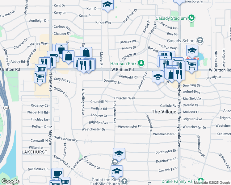 map of restaurants, bars, coffee shops, grocery stores, and more near 2028 Hasley Drive in Oklahoma City