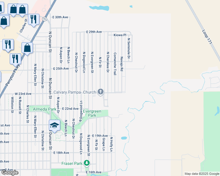 map of restaurants, bars, coffee shops, grocery stores, and more near 2300-2498 N Cherokee Dr in Pampa