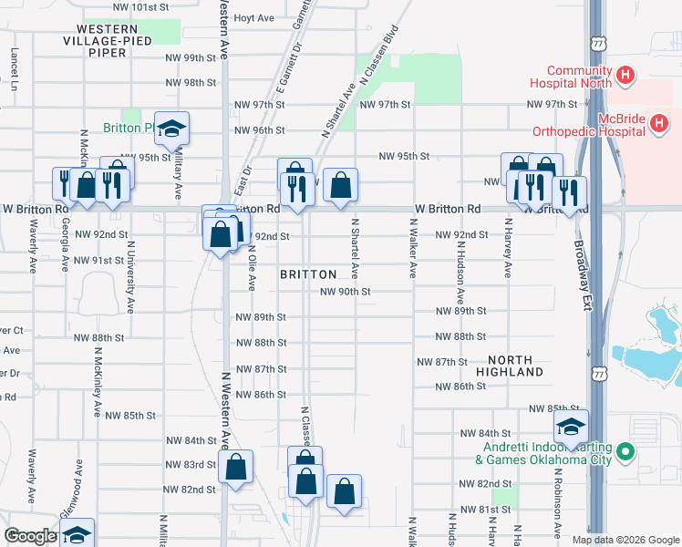map of restaurants, bars, coffee shops, grocery stores, and more near 705 Northwest 91st Street in Oklahoma City