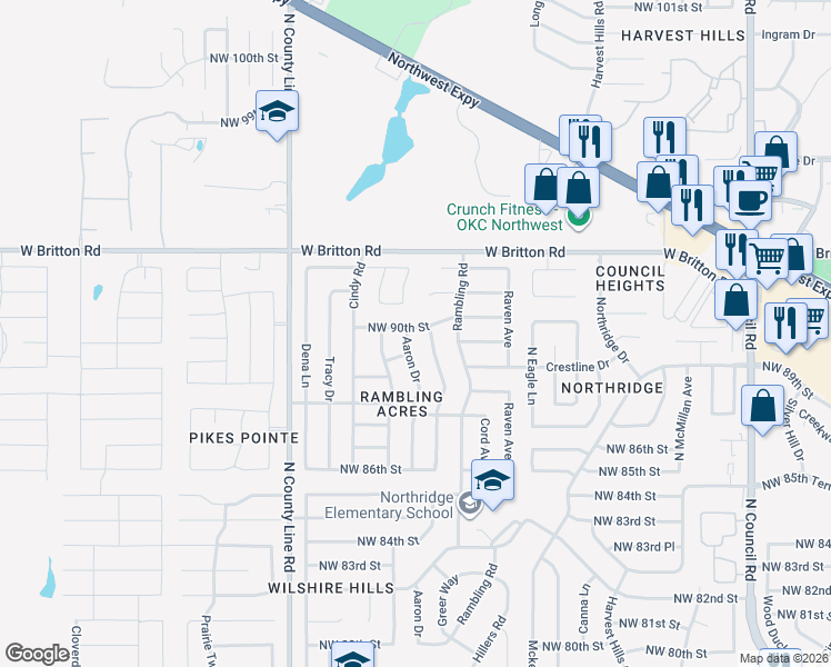 map of restaurants, bars, coffee shops, grocery stores, and more near 8713 Northwest 90th Street in Oklahoma City