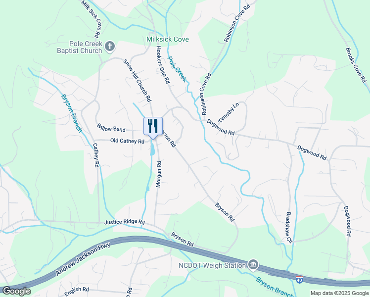 map of restaurants, bars, coffee shops, grocery stores, and more near 732 Bryson Road in Candler