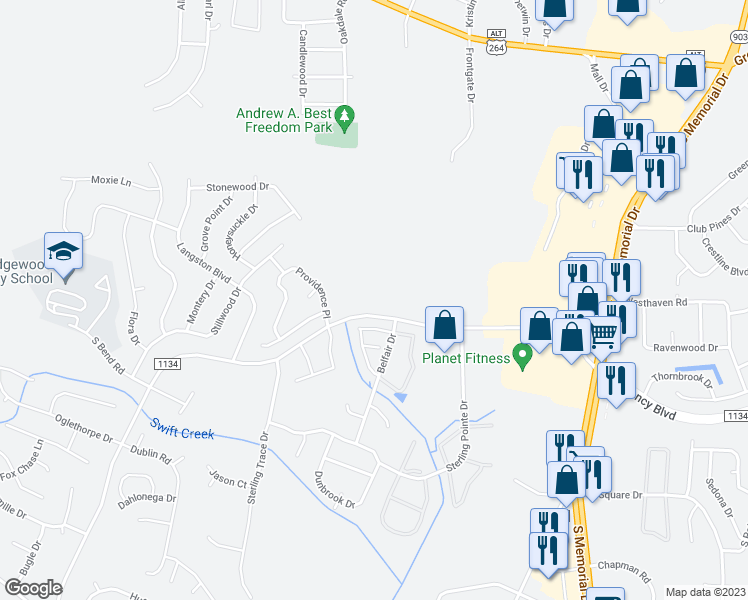 map of restaurants, bars, coffee shops, grocery stores, and more near 1330 Thomas Langston Road in Winterville