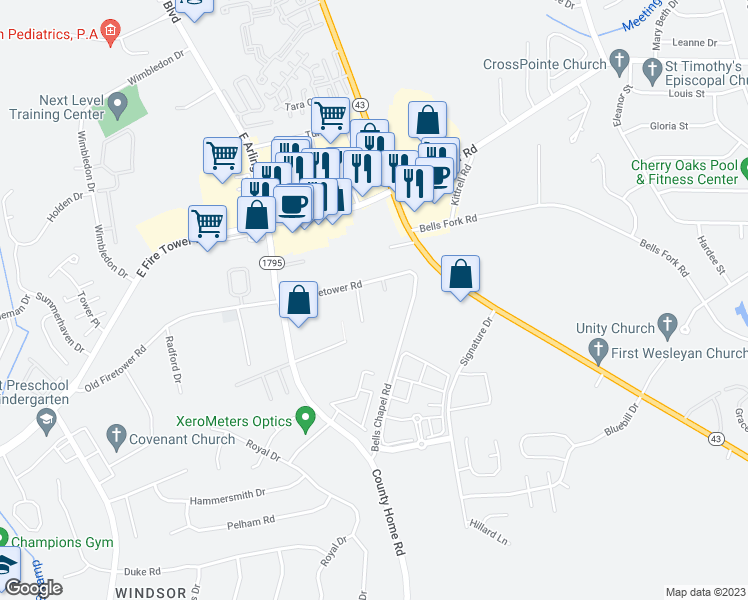 map of restaurants, bars, coffee shops, grocery stores, and more near 2080 Old Firetower Road in Greenville