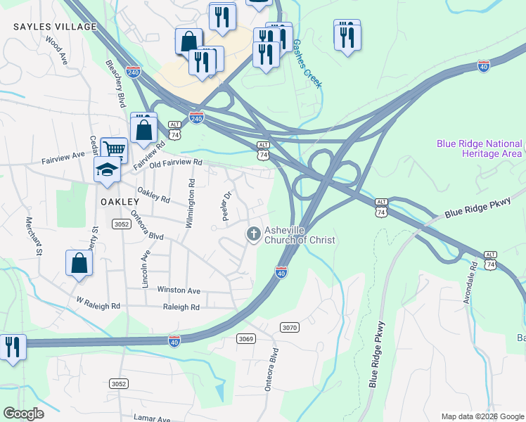 map of restaurants, bars, coffee shops, grocery stores, and more near 9 Tamarac Trail in Asheville