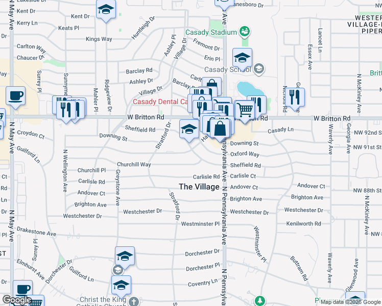 map of restaurants, bars, coffee shops, grocery stores, and more near 1810 Sheffield Road in The Village
