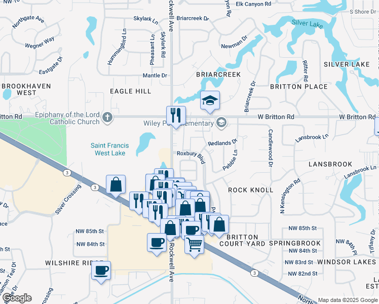 map of restaurants, bars, coffee shops, grocery stores, and more near 800 Roxbury Boulevard in Oklahoma City