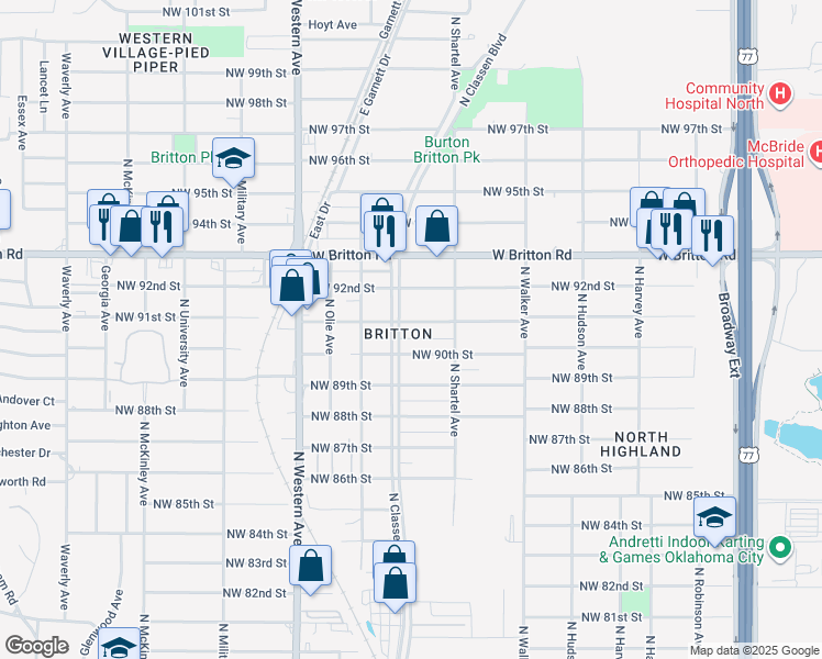 map of restaurants, bars, coffee shops, grocery stores, and more near 736 Northwest 91st Street in Oklahoma City