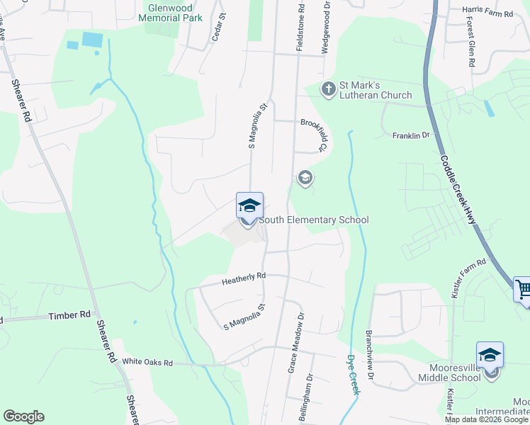 map of restaurants, bars, coffee shops, grocery stores, and more near 822 South Magnolia Street in Mooresville