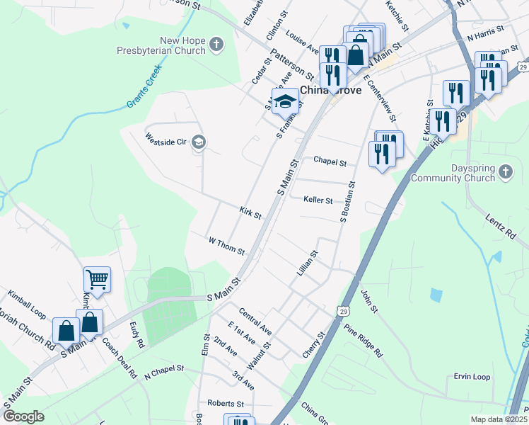 map of restaurants, bars, coffee shops, grocery stores, and more near 816 South Main Street in China Grove