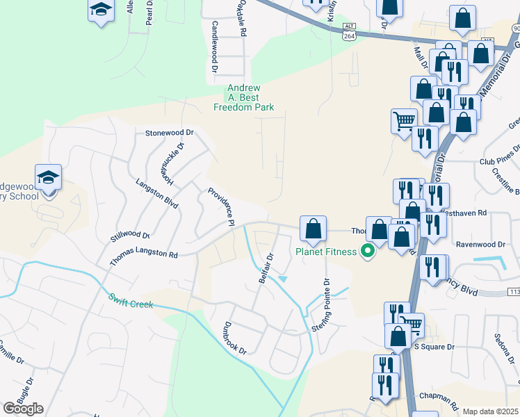map of restaurants, bars, coffee shops, grocery stores, and more near 1320 Thomas Langston Road in Winterville