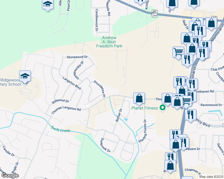 map of restaurants, bars, coffee shops, grocery stores, and more near 3605 Providence Place in Winterville