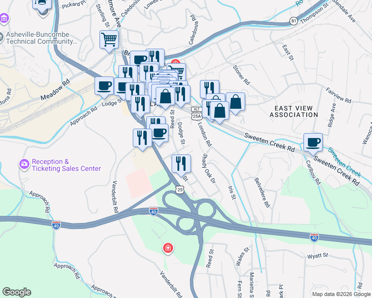 map of restaurants, bars, coffee shops, grocery stores, and more near 11 Irwin Street in Asheville