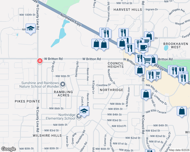 map of restaurants, bars, coffee shops, grocery stores, and more near 9029 North Eagle Lane in Oklahoma City