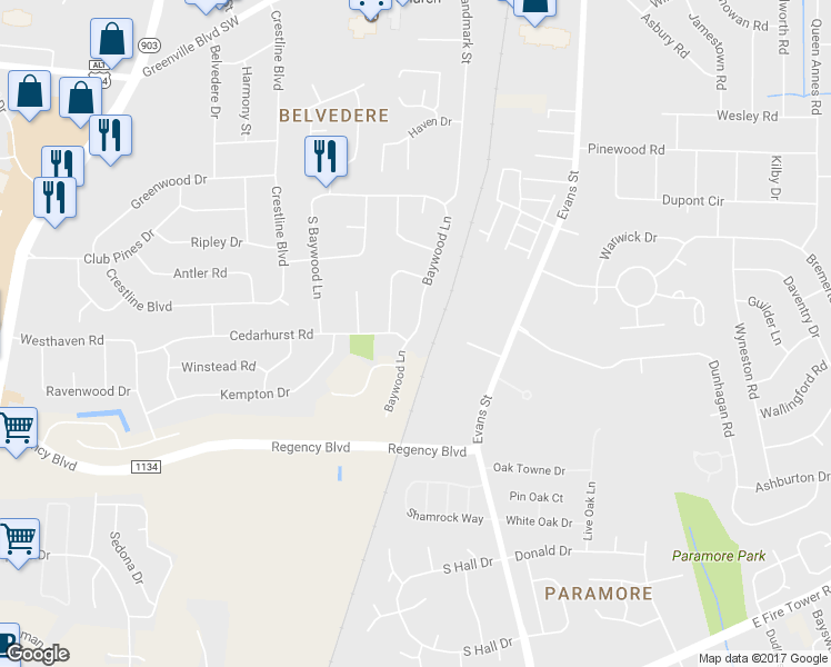 map of restaurants, bars, coffee shops, grocery stores, and more near 3615 Baywood Lane in Greenville