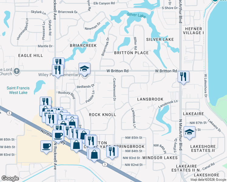 map of restaurants, bars, coffee shops, grocery stores, and more near 500 Candlewood Drive in Oklahoma City