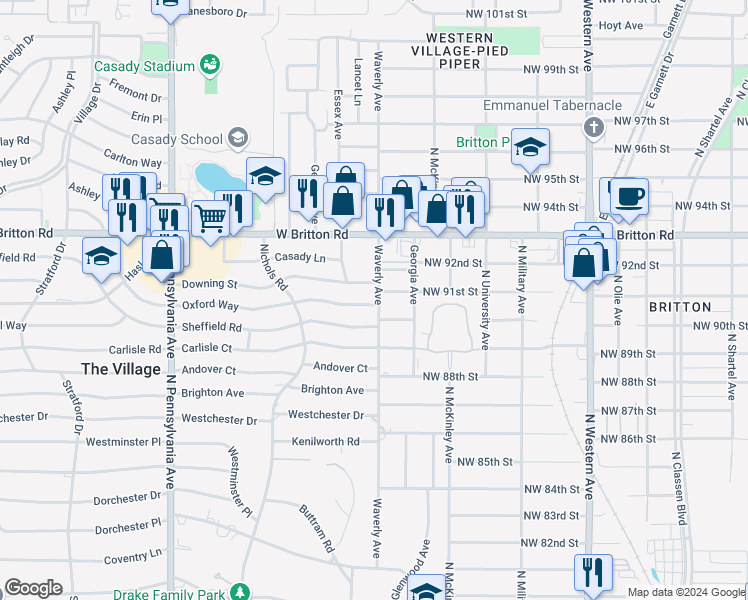 map of restaurants, bars, coffee shops, grocery stores, and more near 1301 Oxford Way in The Village