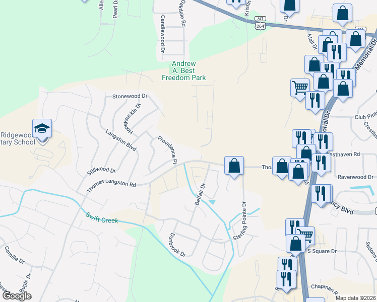 map of restaurants, bars, coffee shops, grocery stores, and more near 3605 Providence Place in Winterville