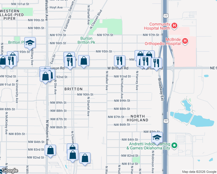map of restaurants, bars, coffee shops, grocery stores, and more near 501 Northwest 91st Street in Oklahoma City